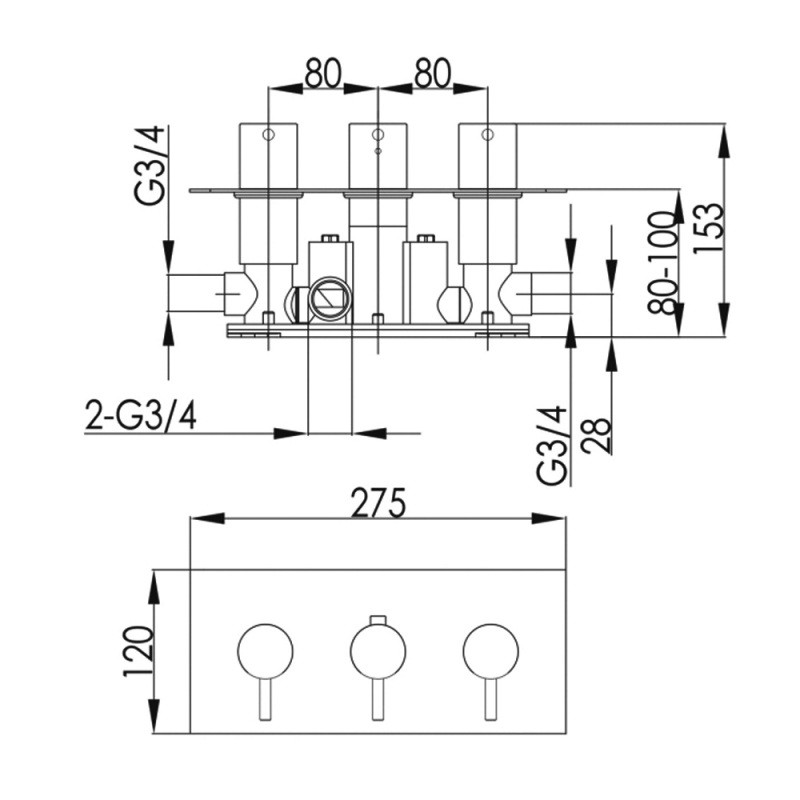 JTP Curve Thermostatic Horizontal Concealed 2 Outlet Shower Valve Triple Handle - Chrome  | Dimension Image