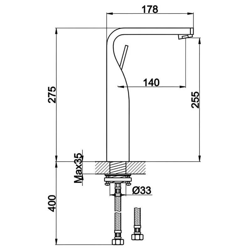 JTP Curve Tall Basin Mixer Tap - Chrome  | Dimension Image