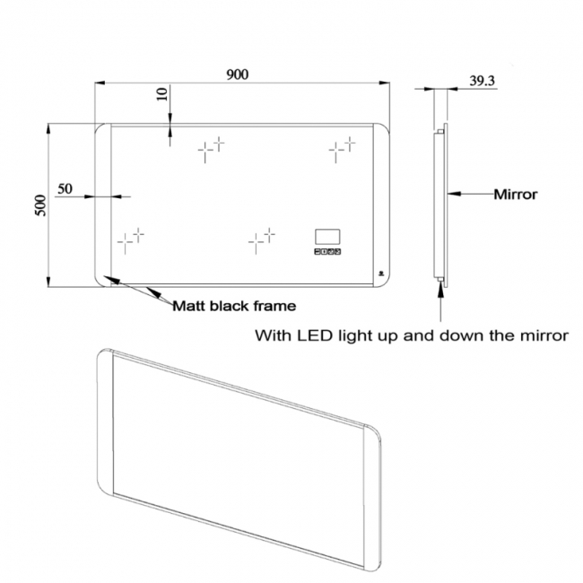 JTP Digital LED Bluetooth Bathroom Mirror with Touch Sensor 500mm H x 900mm W - Matt Black