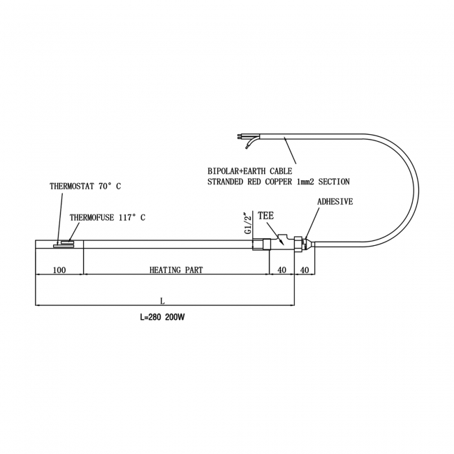 JTP Heating Element 200 Watts with T-Piece - Brushed Bronze