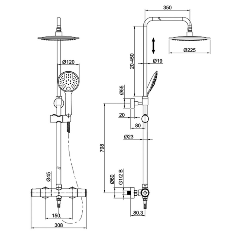 JTP Eco Thermostatic Bar Mixer Shower with Shower Kit + Fixed Head