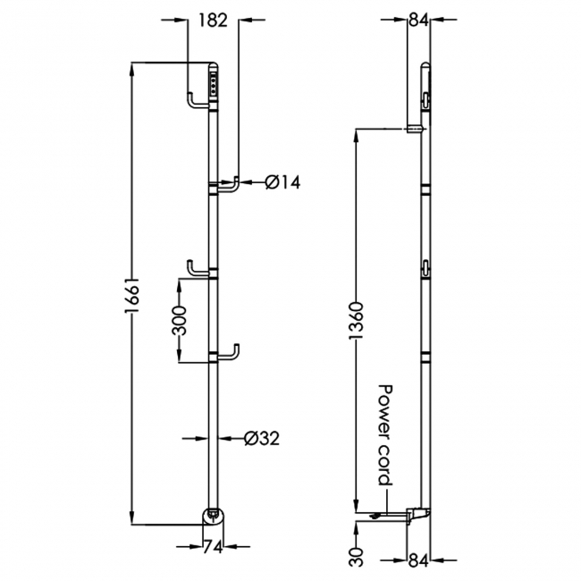 JTP Flo Dry Electric Towel Rail 1661mm H x 182mm W - Brushed Brass  | Dimension Image