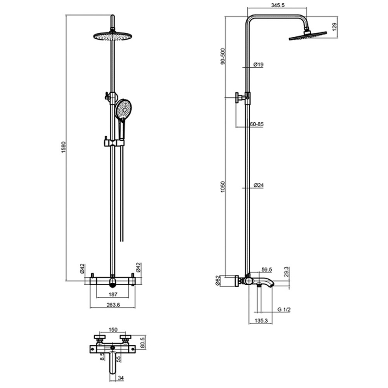 JTP Florence Thermostatic Shower Pole with Overhead Shower and Hand Shower + Bath Spout
