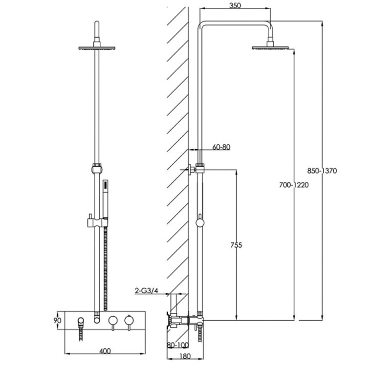 JTP Florence Thermostatic Dual Concealed Mixer Shower with Shower Kit + Fixed Head - Chrome