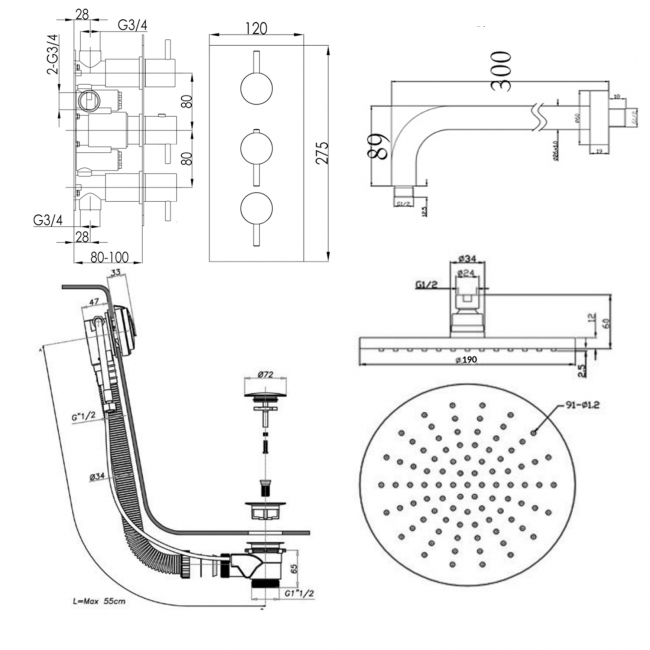 JTP Florence Triple Concealed Mixer Shower with Fixed Head + Bath Filler
