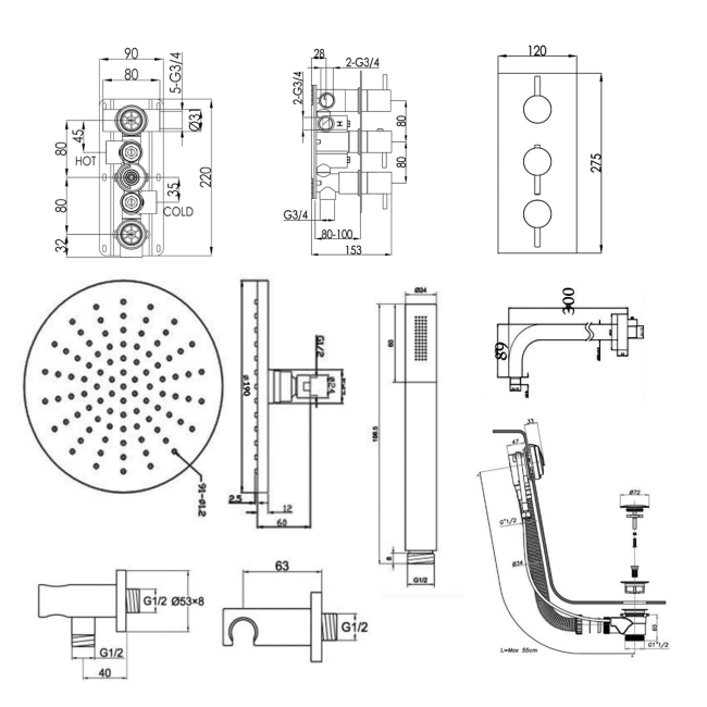 JTP Florence Triple Concealed Mixer Shower with Shower Handset + Bath Filler + Fixed Head  | Dimension Image