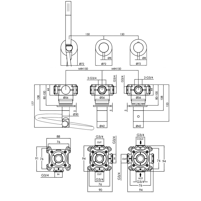 JTP Florence Modular Thermostatic Concealed 2 Outlet Shower Valve with Attached Handset - Chrome  | Dimension Image
