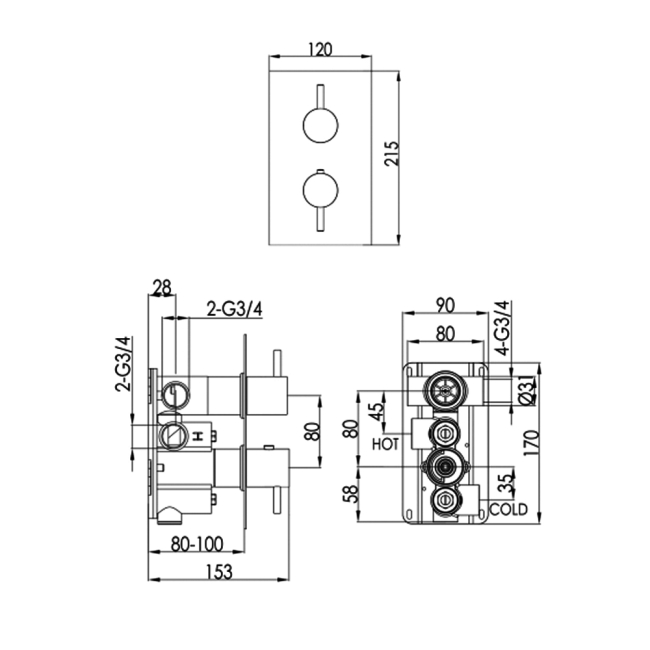 JTP Florence Concealed Shower Valve with Diverter Dual Handle - Chrome  | Dimension Image