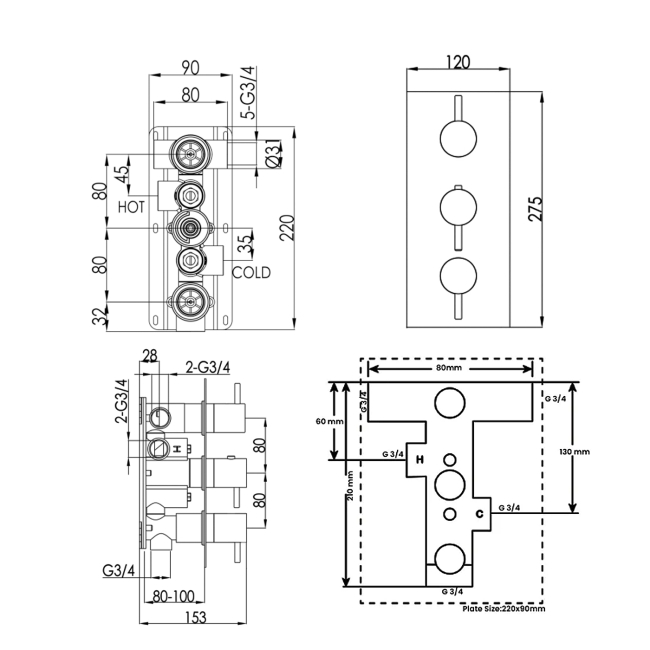 JTP Florence Thermostatic Concealed 3 Outlet Shower Valve Triple Handle - Chrome  | Dimension Image