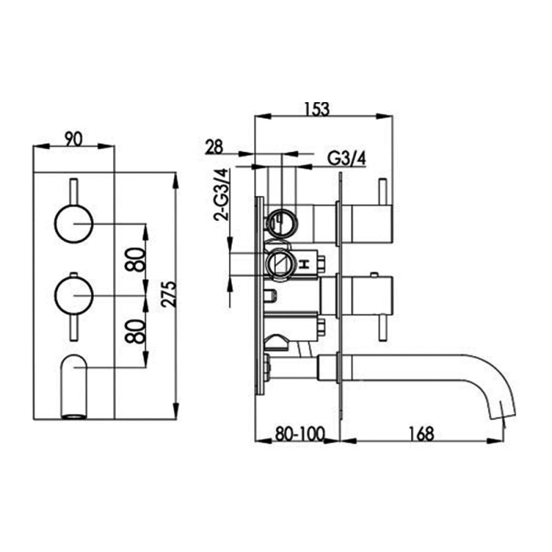 JTP Fonti Thermostatic Concealed 2 Outlet Shower Valve with Spout - Chrome