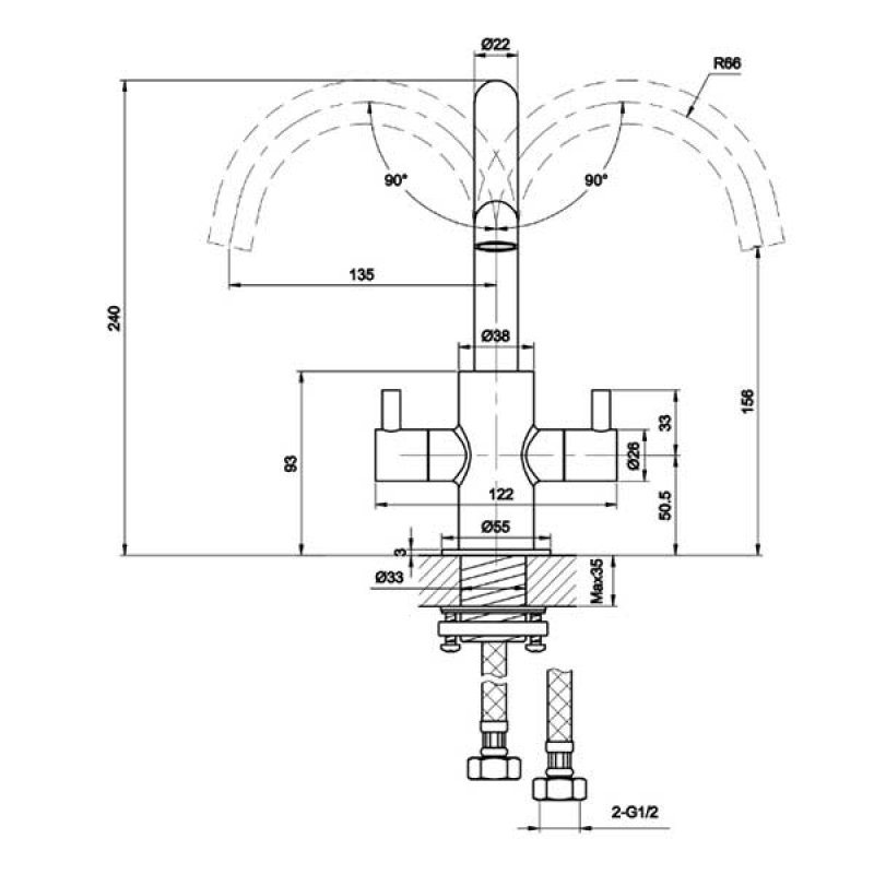 JTP Florence Mono Basin Mixer Tap Dual Handle - Brass with Chrome Finish