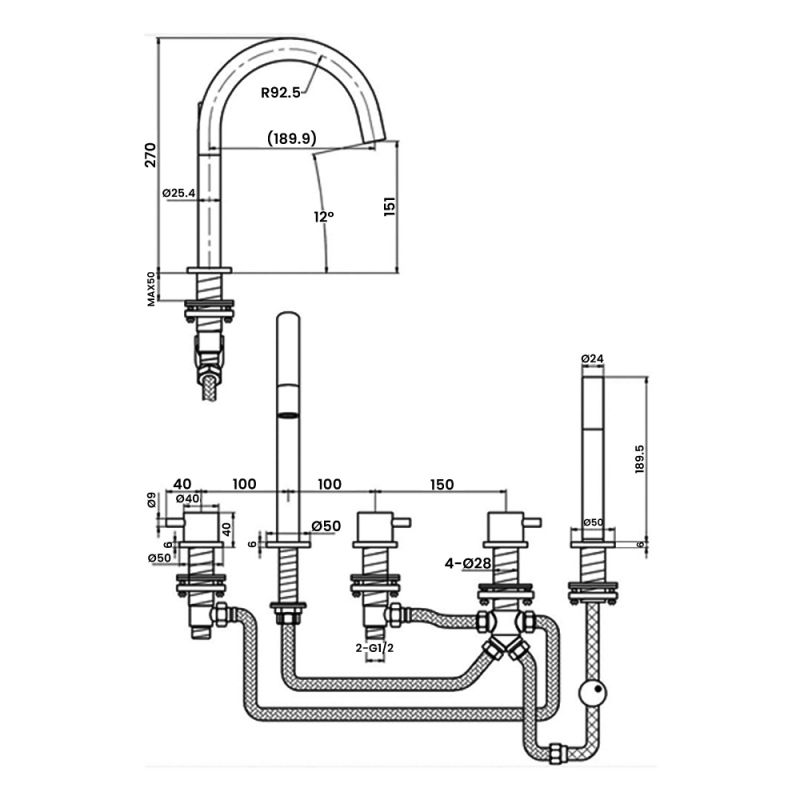 JTP Florence 5-Hole Bath Shower Mixer with Extractable Hose - Chrome