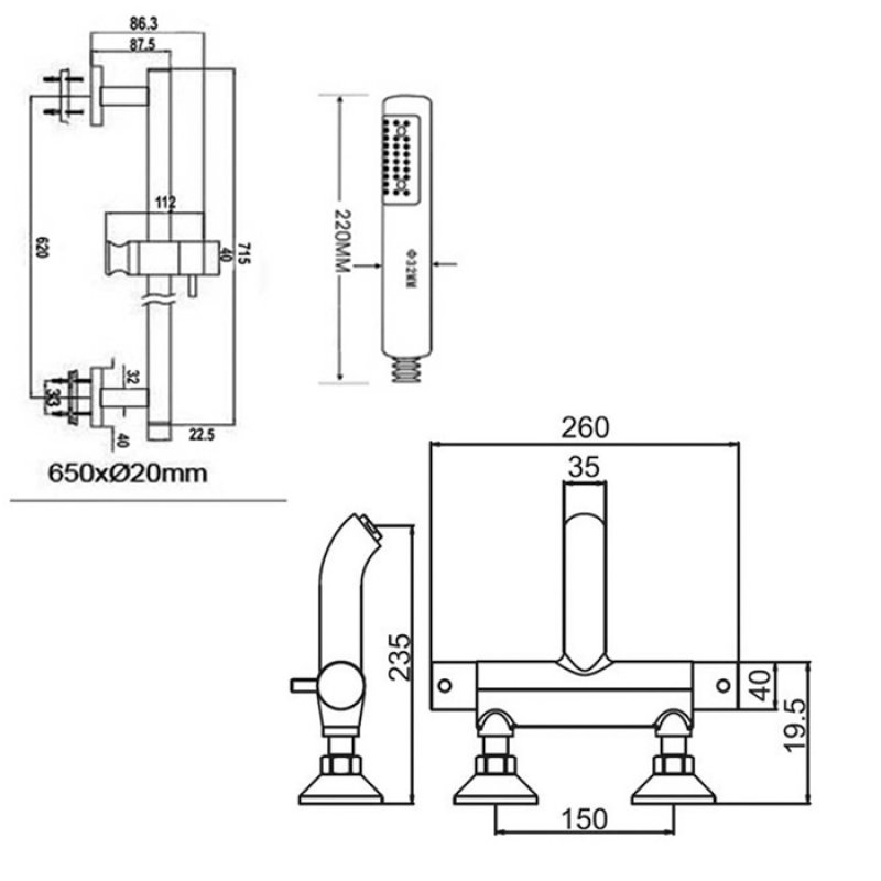 JTP Florentine Thermostatic Bath Shower Mixer Tap with Shower Rail Kit - Chrome