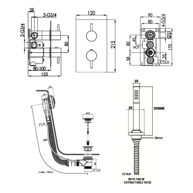 JTP Florentine Dual Concealed Mixer Shower with Shower Handset + Bath Filler  | Dimension Image
