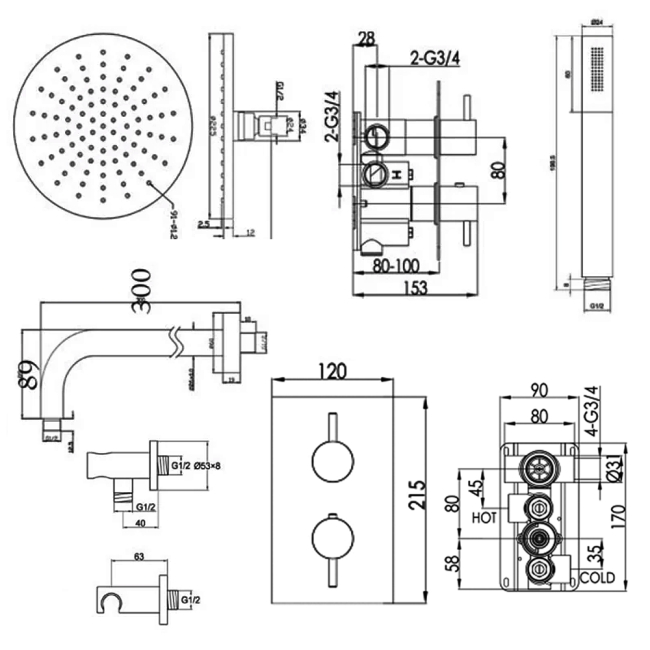 JTP Florentine Dual Concealed Mixer Shower with Shower Handset + Fixed Head  | Dimension Image