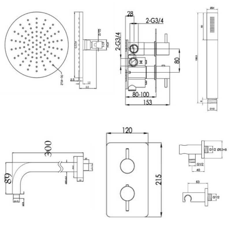 JTP Florentine Dual Concealed Mixer Shower with Shower Handset + Fixed Head