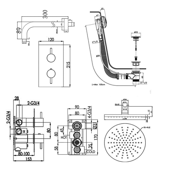 JTP Florentine Dual Concealed Mixer Shower with Fixed Head + Bath Filler  | Dimension Image