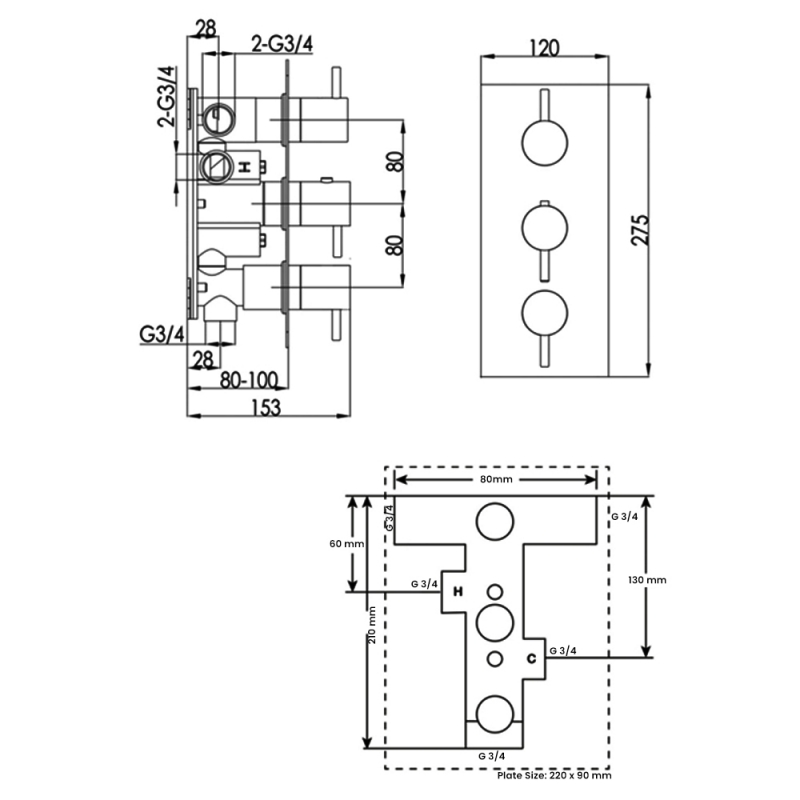 JTP Florentine Thermostatic Concealed Shower Valve with 3-Way Diverter Triple Handle - Chrome