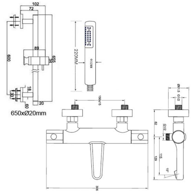 JTP Fusion Thermostatic Bath Shower Mixer Tap with Shower Rail Kit - Chrome