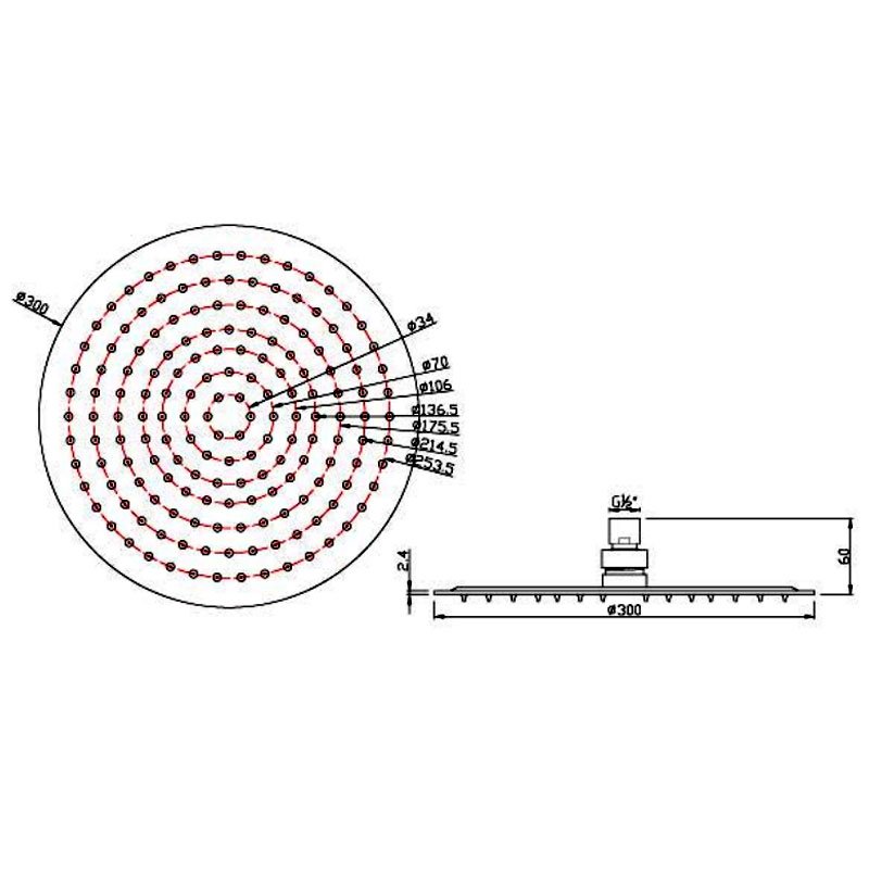 JTP Glide Ultra-Thin Round Ceiling Mounted Fixed Shower Head 300mm Diameter - Chrome