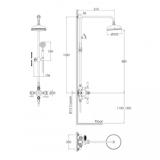 JTP Grosvenor Exposed Thermostatic Shower Mixer with Fixed Shower Head and Shower Kit - Antique Brass  | Dimension Image