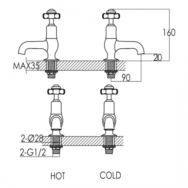 JTP Grosvenor Cloakroom Basin Taps Pair with pop-up waste Pinch Handle - Chrome/Black