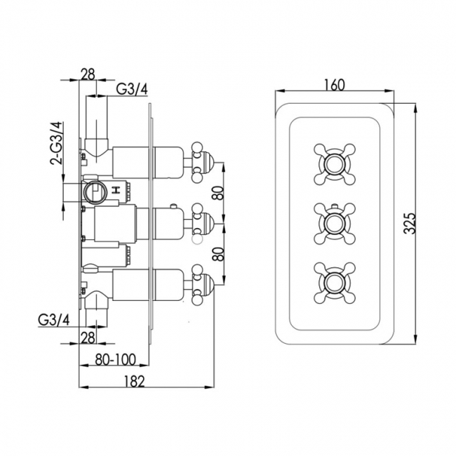 JTP Grosvenor Cross Horizontal Thermostatic Concealed 2 Outlets Shower Valve Triple Handle - Nickel  | Dimension Image