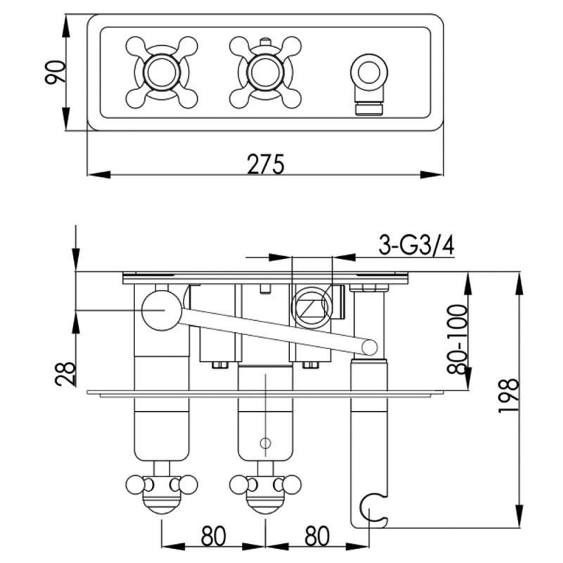 JTP Grosvenor Thermostatic Concealed Shower Valve Dual Cross Handle with Handset - Chrome  | Dimension Image