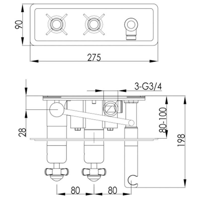 JTP Grosvenor Pinch Thermostatic Concealed Shower Valve Dual Cross Handle with Handset - Chrome/Black  | Dimension Image