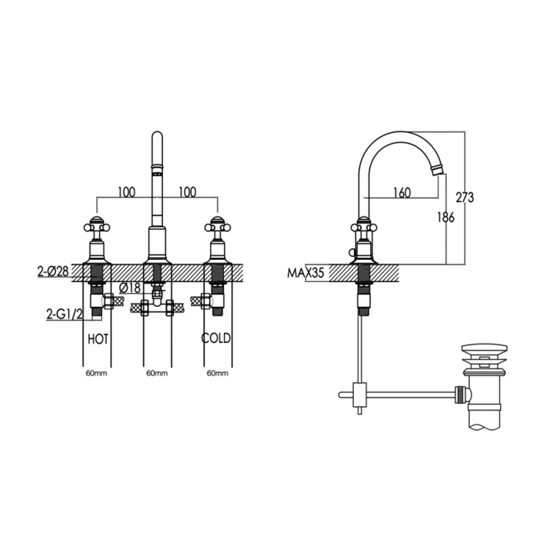 JTP Grosvenor 3-Hole Basin Mixer Tap Pinch Handle - Chrome