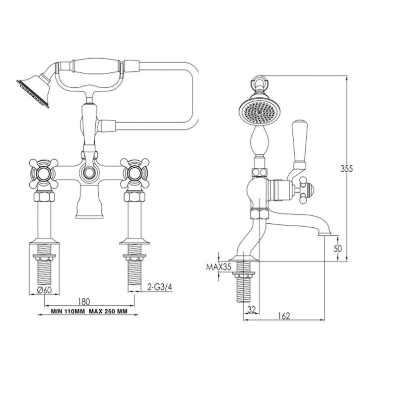 JTP Grosvenor Pillar Mounted Bath Shower Mixer Tap Cross Handle with Kit - Polished Gold