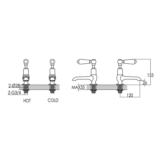 JTP Grosvenor Long Nose Basin Taps Pair Lever Handle - Polished Gold