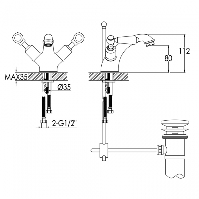 JTP Grosvenor Basin Mixer Tap with Pop Up Waste Lever Handle - Nickel