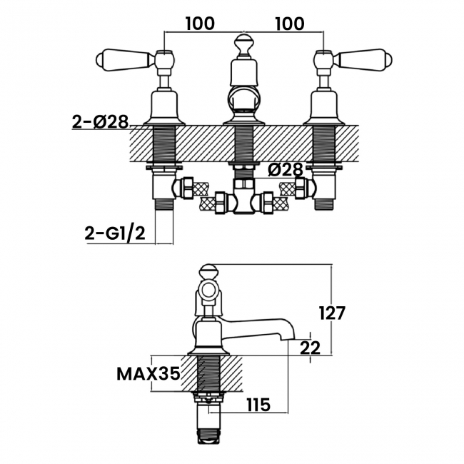 JTP Grosvenor 3-Hole Deck Mounted Basin Mixer Tap Lever Handle - Polished Gold