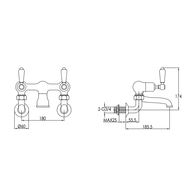 JTP Grosvenor Wall Mounted Bath Filler Tap Lever Handle - Nickel