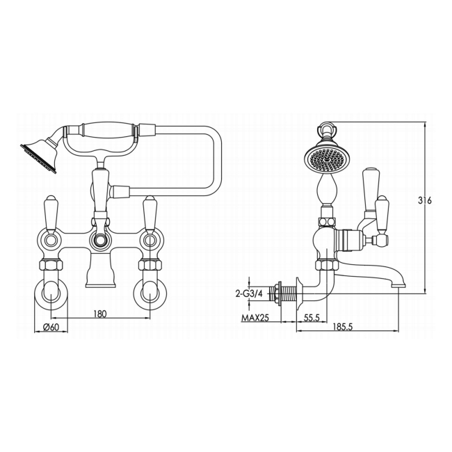 JTP Grosvenor Wall Mounted Bath Shower Mixer Tap Lever Handle with Shower Kit - Nickel
