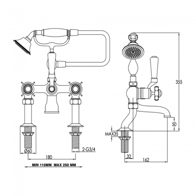 JTP Grosvenor Pillar Mounted Bath Shower Mixer Tap Cross Handle with Kit - Chrome