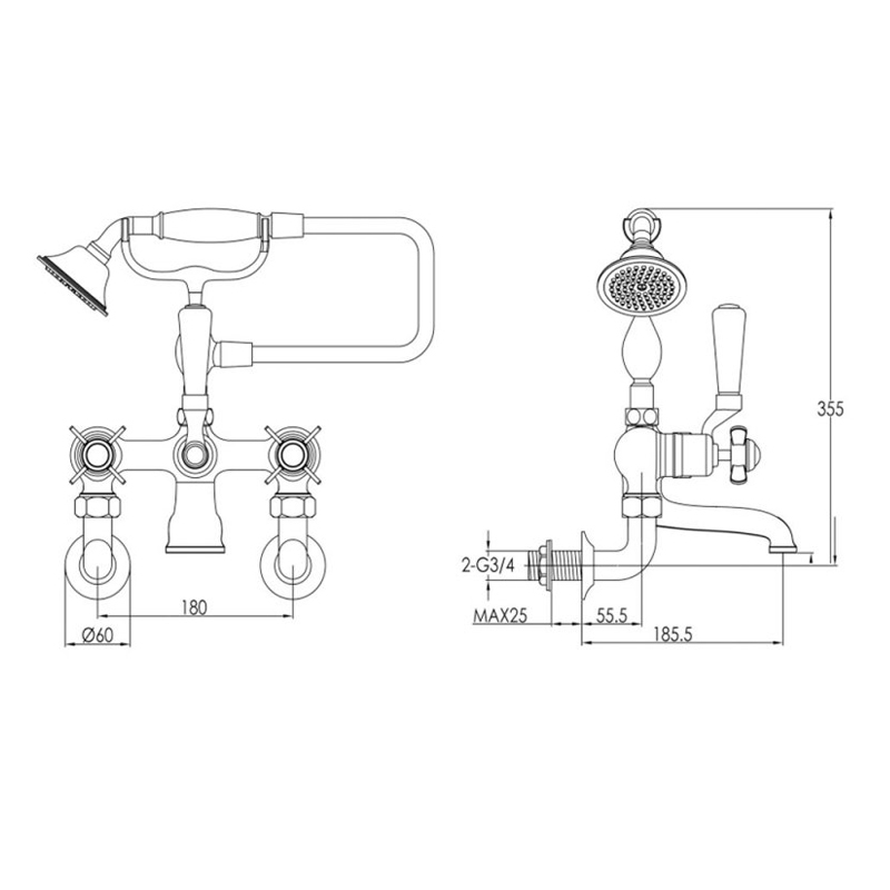 JTP Grosvenor Pinch Wall Mounted Bath Shower Mixer Tap with Shower Kit - Polished Gold/White  | Dimension Image