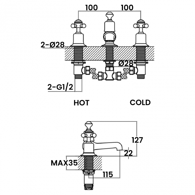 JTP Grosvenor 3-Hole Deck Mounted Basin Mixer Tap Cross Handle - Chrome/Black
