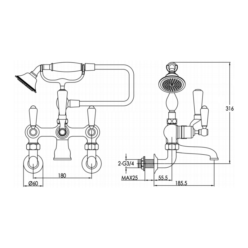 JTP Grosvenor Lever Wall Mounted Bath Shower Mixer Tap with Shower Kit - Chrome/Black