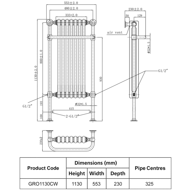 JTP Grosvenor Radiator Heated Towel Rail 1130mm H x 553mm W Chrome