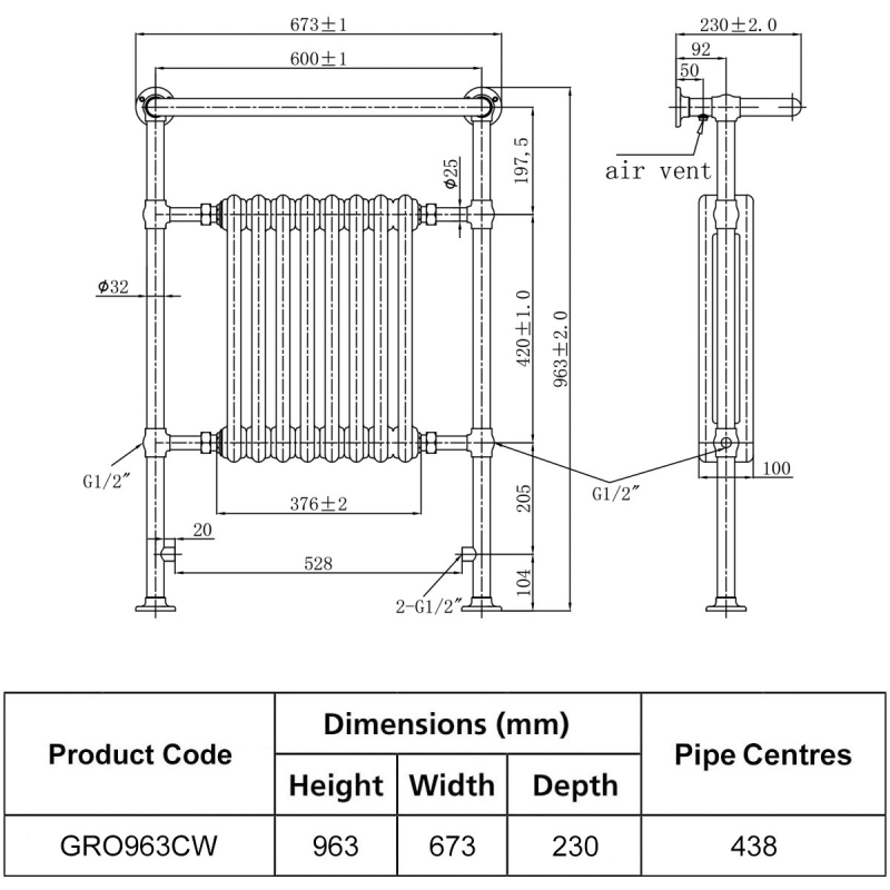 JTP Grosvenor Radiator Heated Towel Rail 963mm H x 673mm W Chrome