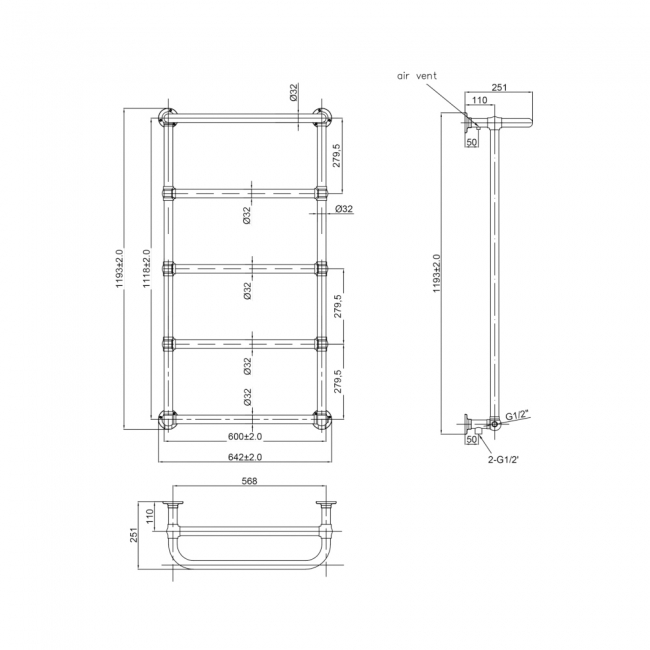 JTP Grosvenor Wall Mounted Towel Rail 1193mm H x 600mm W - Chrome  | Dimension Image