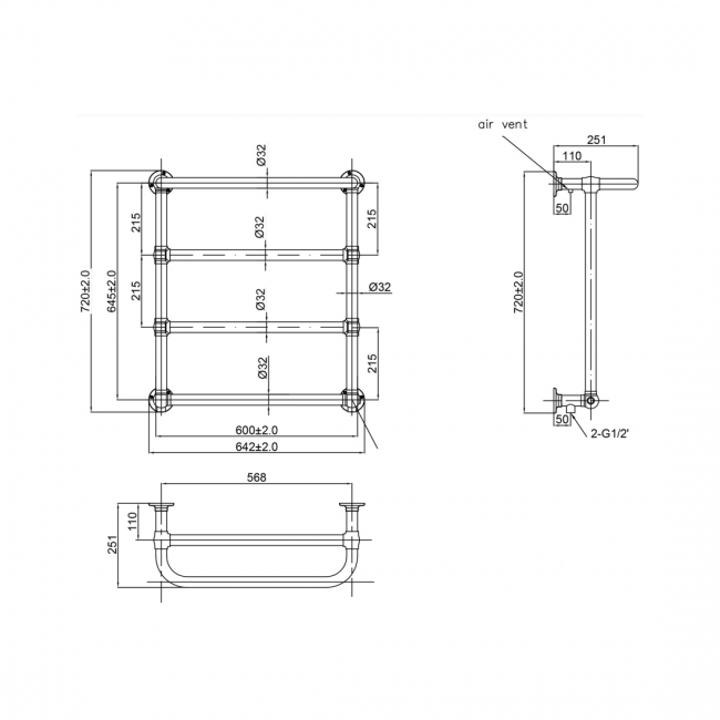 JTP Grosvenor Wall Mounted Towel Rail 720mm H x 600mm W - Chrome  | Dimension Image