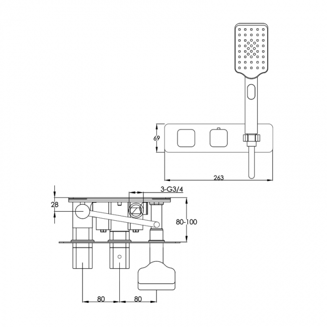 JTP HIX Thermostatic Concealed 2 Outlet Shower Valve with Attached Handset - Brushed Black  | Dimension Image