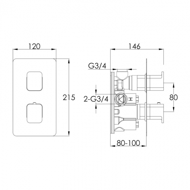 JTP HIX Thermostatic Concealed 1 Outlet Shower Valve Dual Handle - Brushed Black
