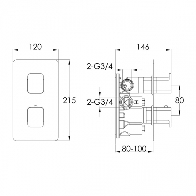 JTP HIX Thermostatic Concealed 2 Outlet Shower Valve Dual Handle - Brushed Black  | Dimension Image