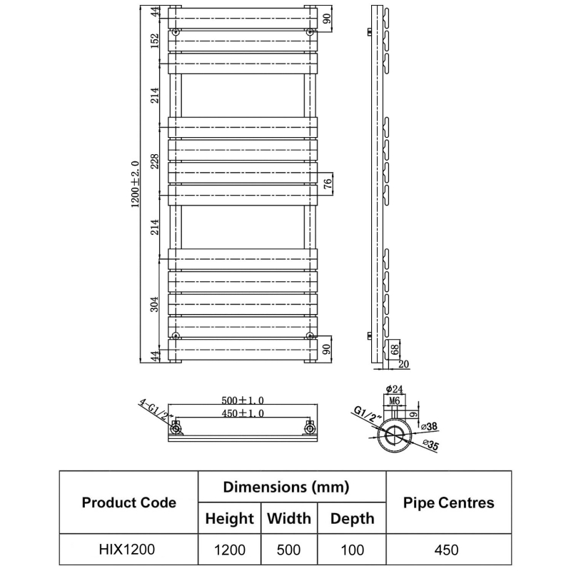 JTP HIX Designer Heated Towel Rail 1200mm H x 500mm W Matt Black