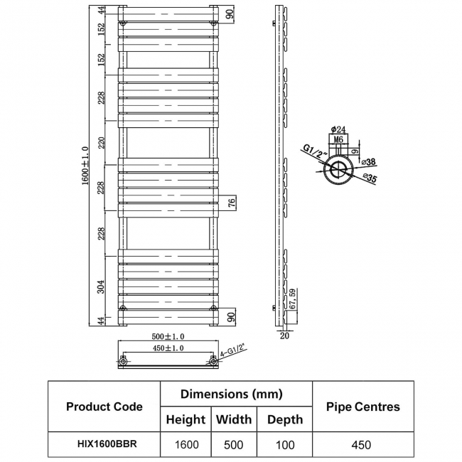 JTP HIX Designer Heated Towel Rail 1600mm H x 500mm W Brushed Brass  | Dimension Image