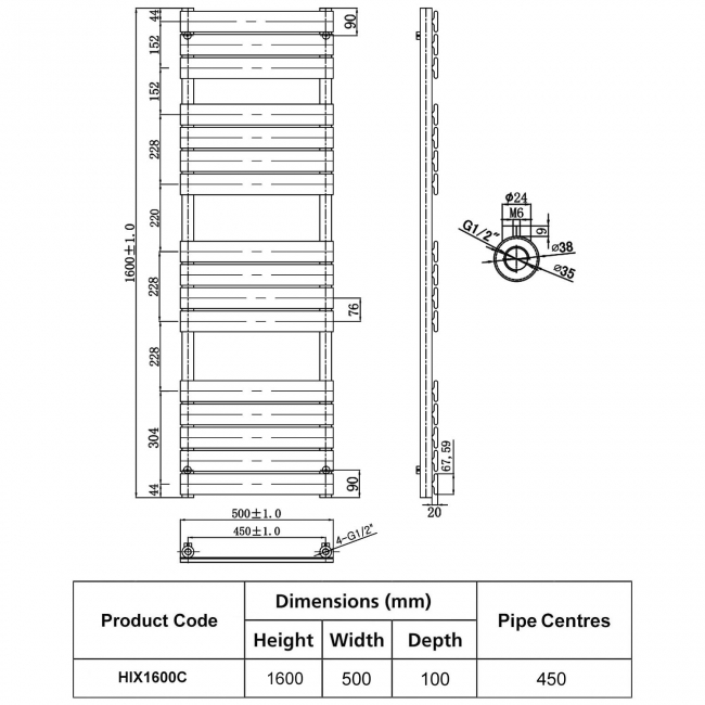 JTP HIX Designer Heated Towel Rail 1600mm H x 500mm W Chrome